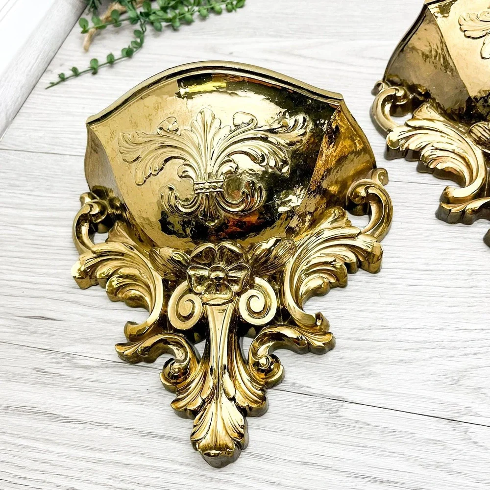 Ornate Gold Plastic Wall Shelf Set: Mid-Century Gothic Decor